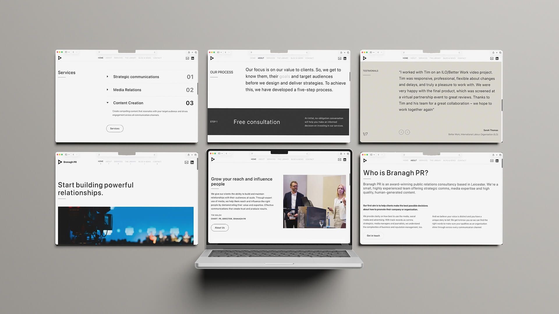 Branagh PR website page designs collage, by On Poynt Creative