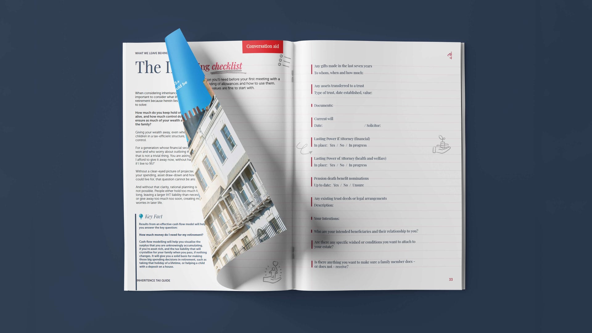 Mattioli Woods brochure spread The Planning Checklist with conversation aid page on navy background, print design by On Poynt Creative