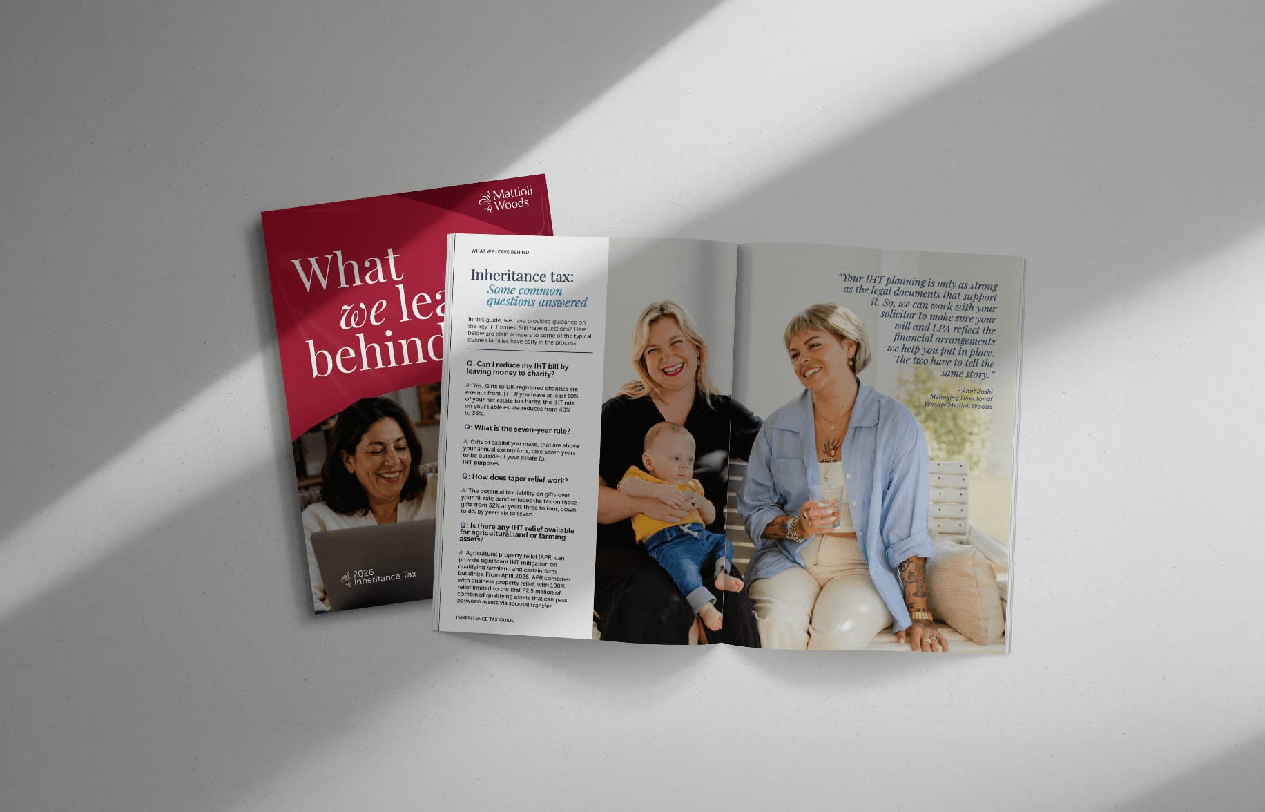 Mattioli Woods What We Leave Behind Inheritance Tax brochure cover and spread with FAQ page, print design by On Poynt Creative
