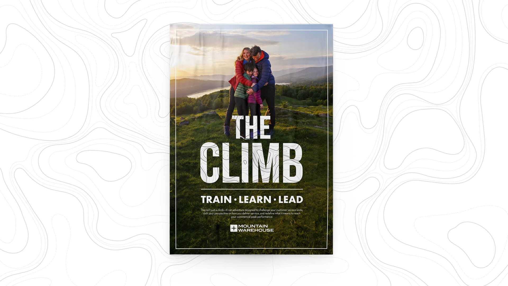 Mountain Warehouse The Climb Train Learn Lead booklet cover mockup with family hiking photography, brand and print design by On Poynt Creative