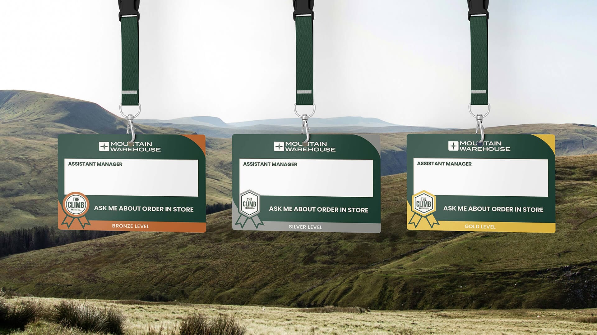 Mountain Warehouse The Climb staff reward programme lanyard ID badges in Bronze Silver and Gold levels, brand design by On Poynt Creative