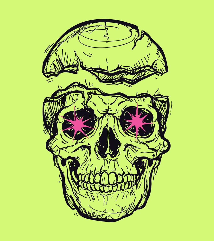 Nuro energy drink skull logo mark icon on yellow background, brand identity design by On Poynt Creative
