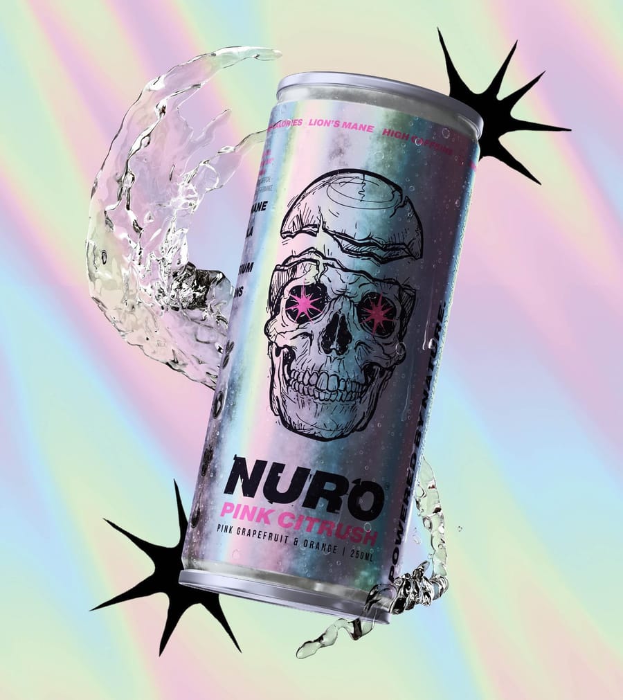 Nuro energy drink can with skull artwork and paint splatter graphic on holographic background, packaging design by On Poynt Creative