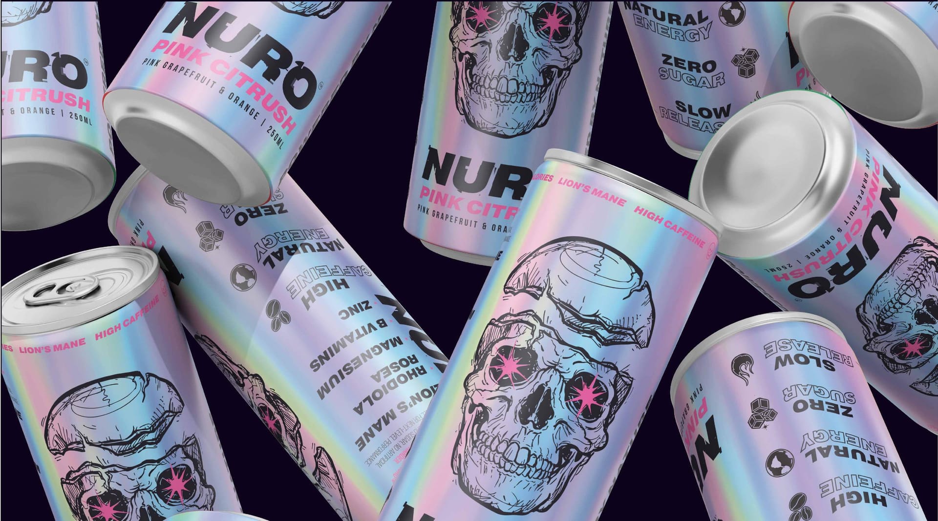 Scattered Nuro Pink Citrush energy drink cans showing zero sugar and natural energy label details, packaging design by On Poynt Creative