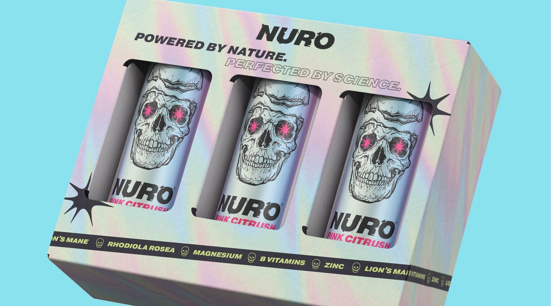 Nuro Pink Citrush energy drink multipack box packaging design with skull graphic cans, packaging design by On Poynt Creative