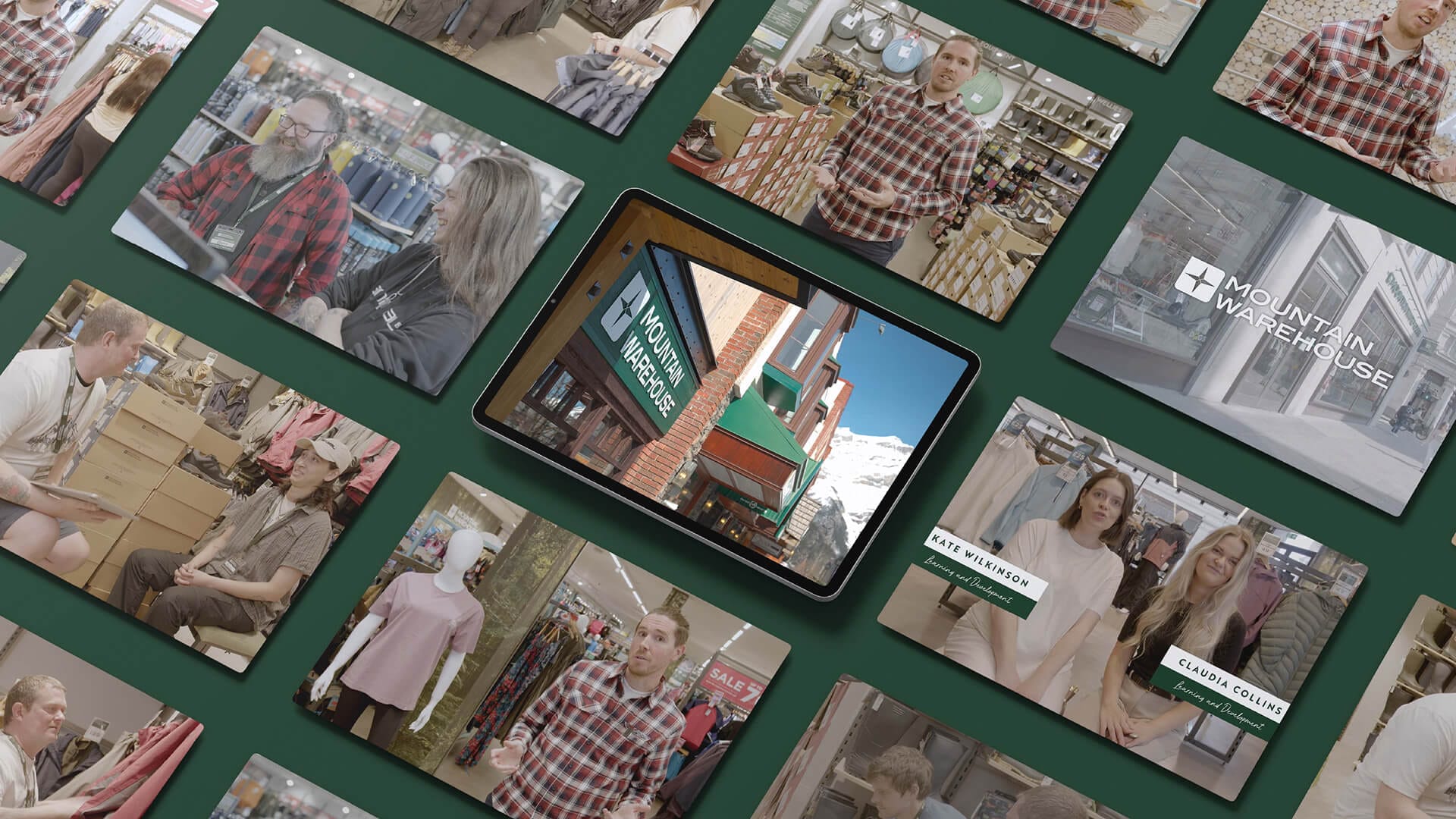 Mountain Warehouse The Climb video storyboard collage with staff interview clips and store front tablet mockup, video and brand design by On Poynt Creative