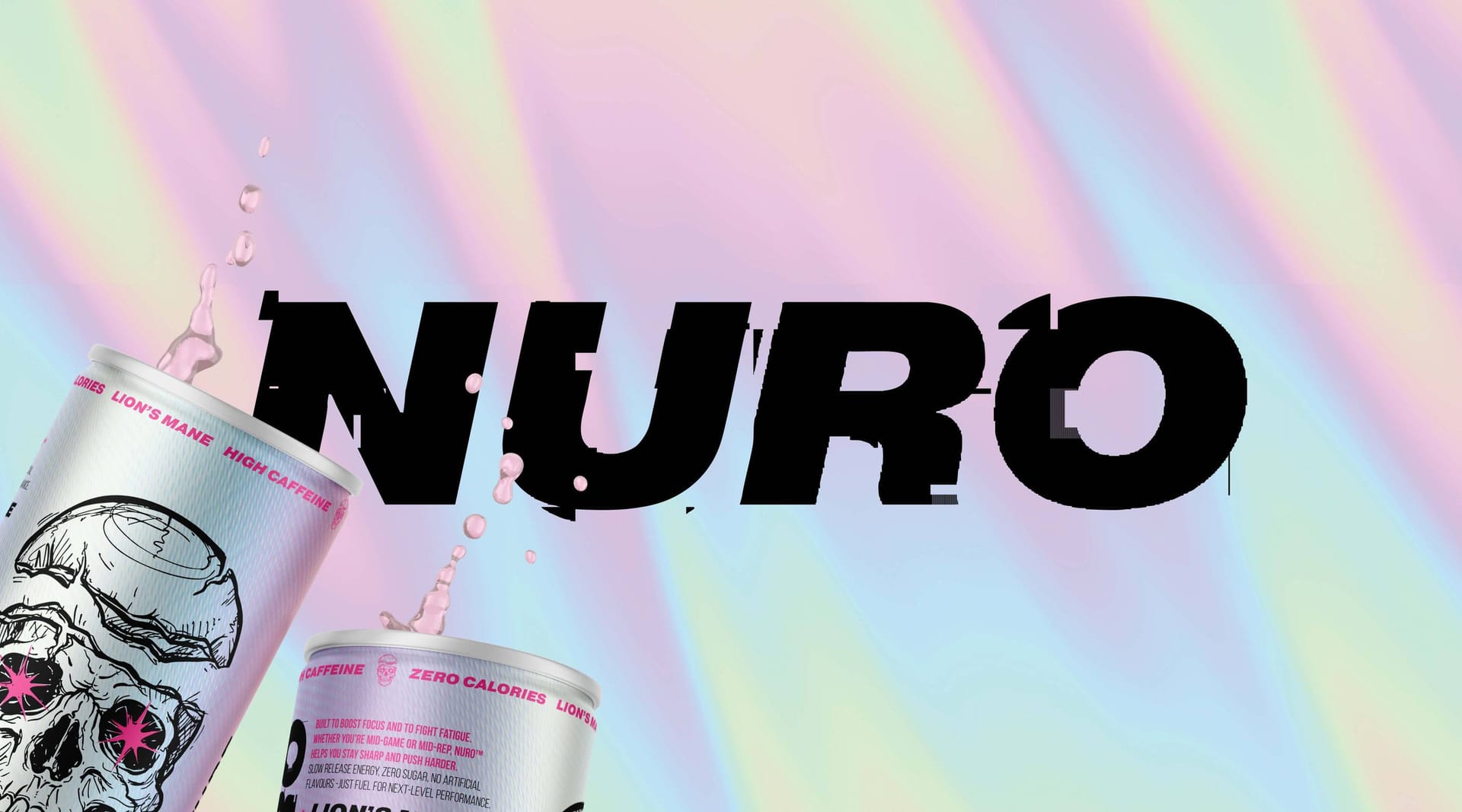 Nuro energy drink branding showing logo lockup and skull graphic cans on holographic background, packaging design by On Poynt Creative