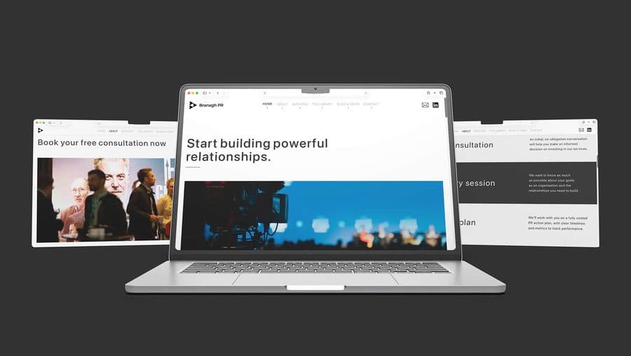 Branagh PR website design shown on laptop screen, by On Poynt Creative
