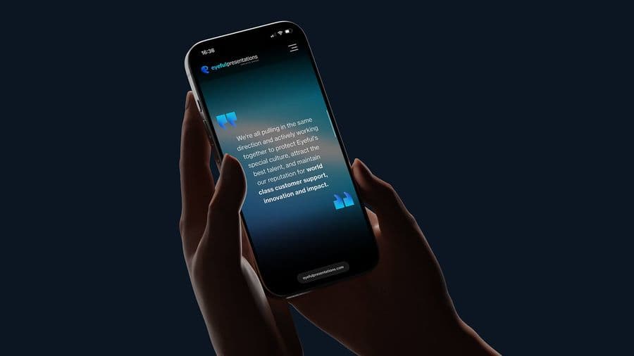 Eyeful Presentations app design shown on phone held in hand, by On Poynt Creative