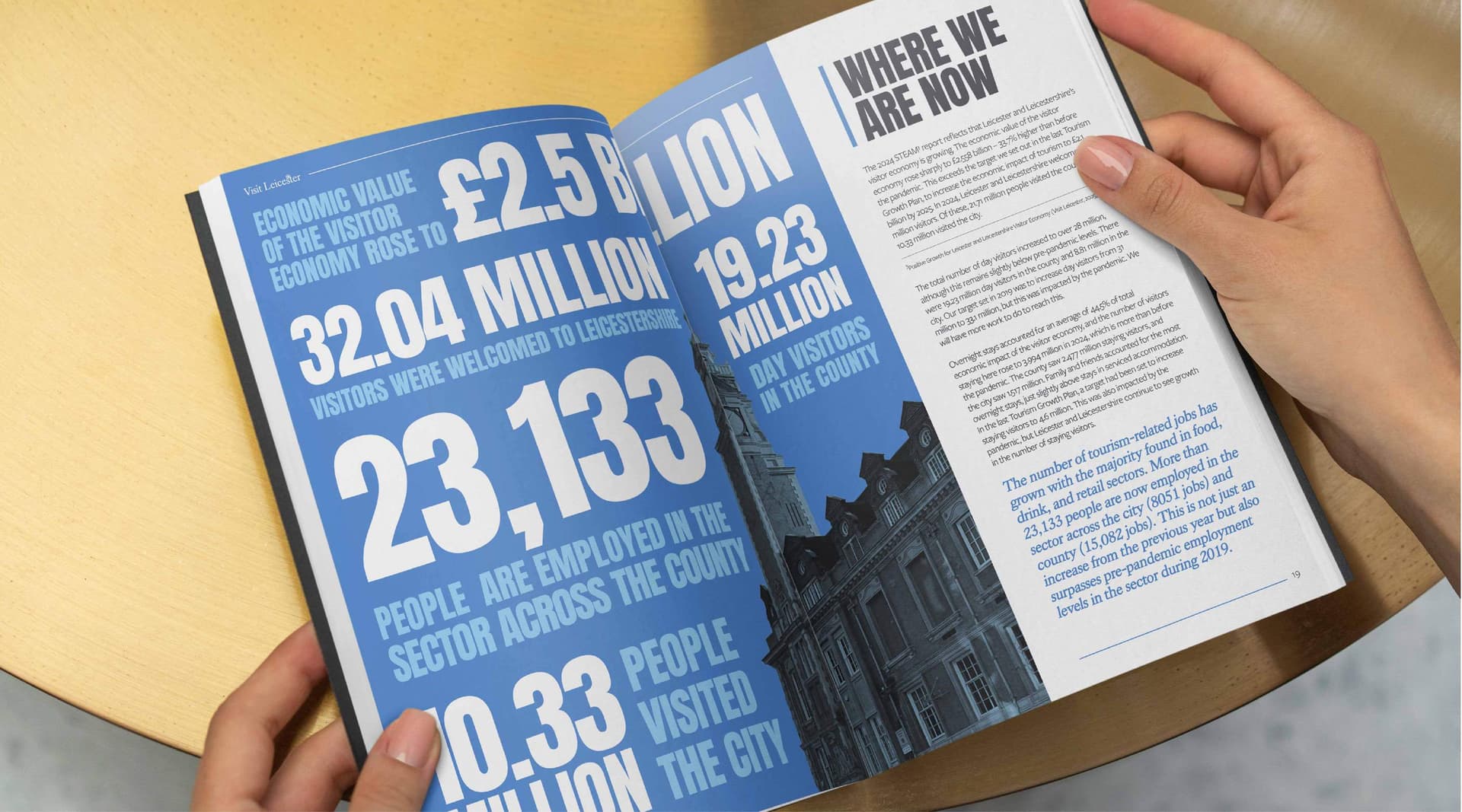 Visit Leicester tourism brochure spread showing visitor economy statistics on the 'Where We Are Now' page, print design by On Poynt Creative
