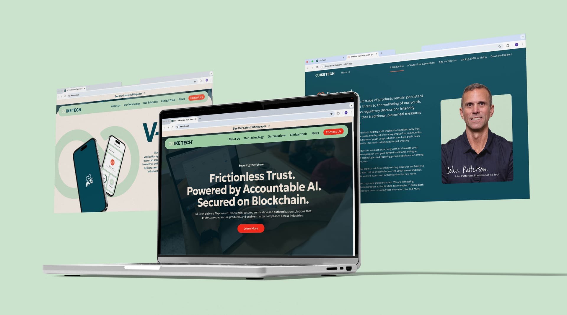 IKE Tech website page mockup on green background, by On Poynt Creative
