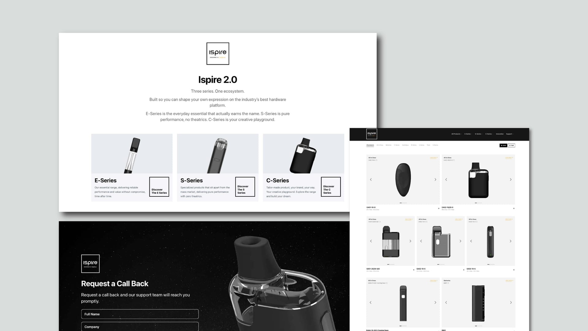 Ispire 2.0 website screenshot showing E-Series S-Series and C-Series product overview and Request a Call Back form, website design by On Poynt Creative