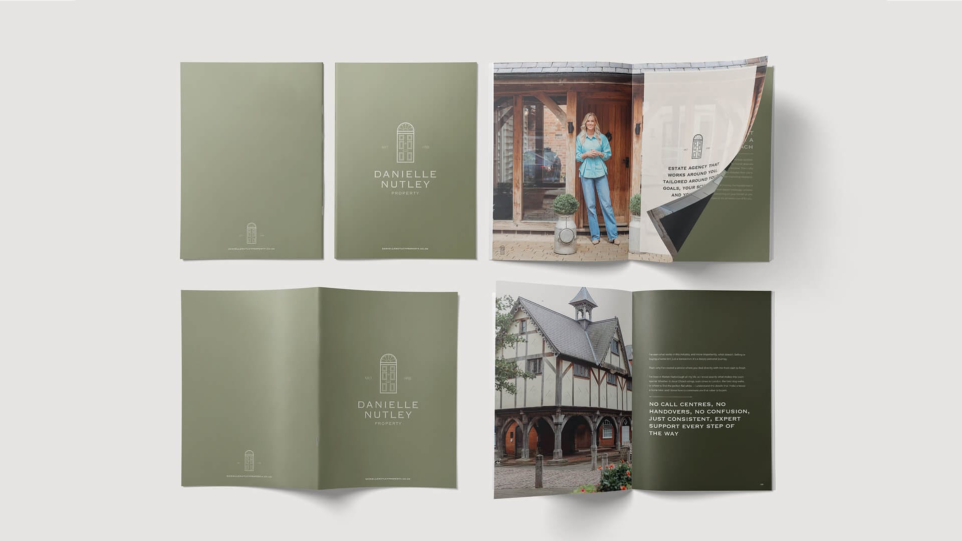 Danielle Nutley Properties brochure cover and spread mockups showing sage green branding with property photography, print and brand design by On Poynt Creative