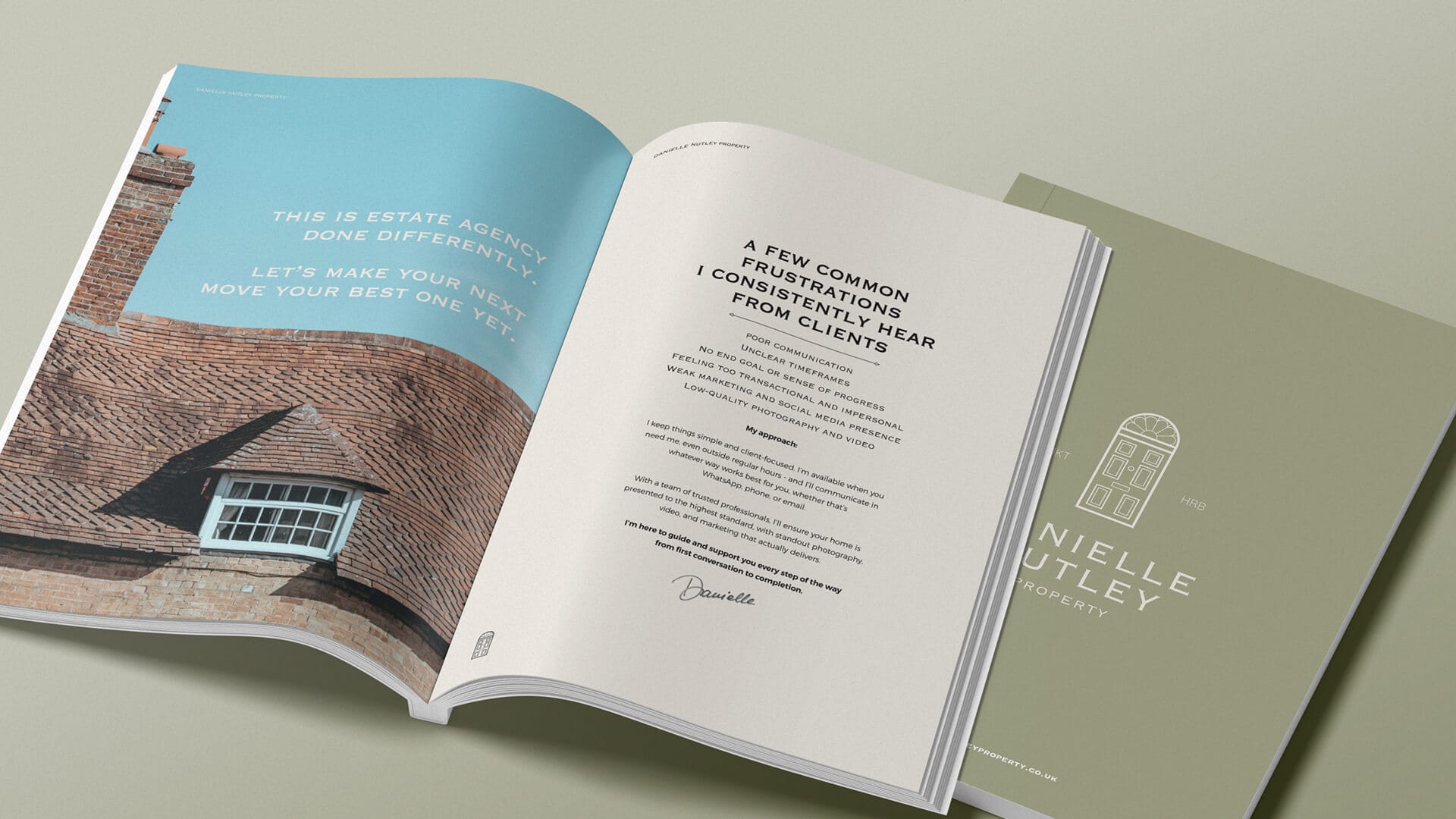 Danielle Nutley Properties open brochure spread This Is Estate Agency Done Differently with client frustrations page, print design by On Poynt Creative