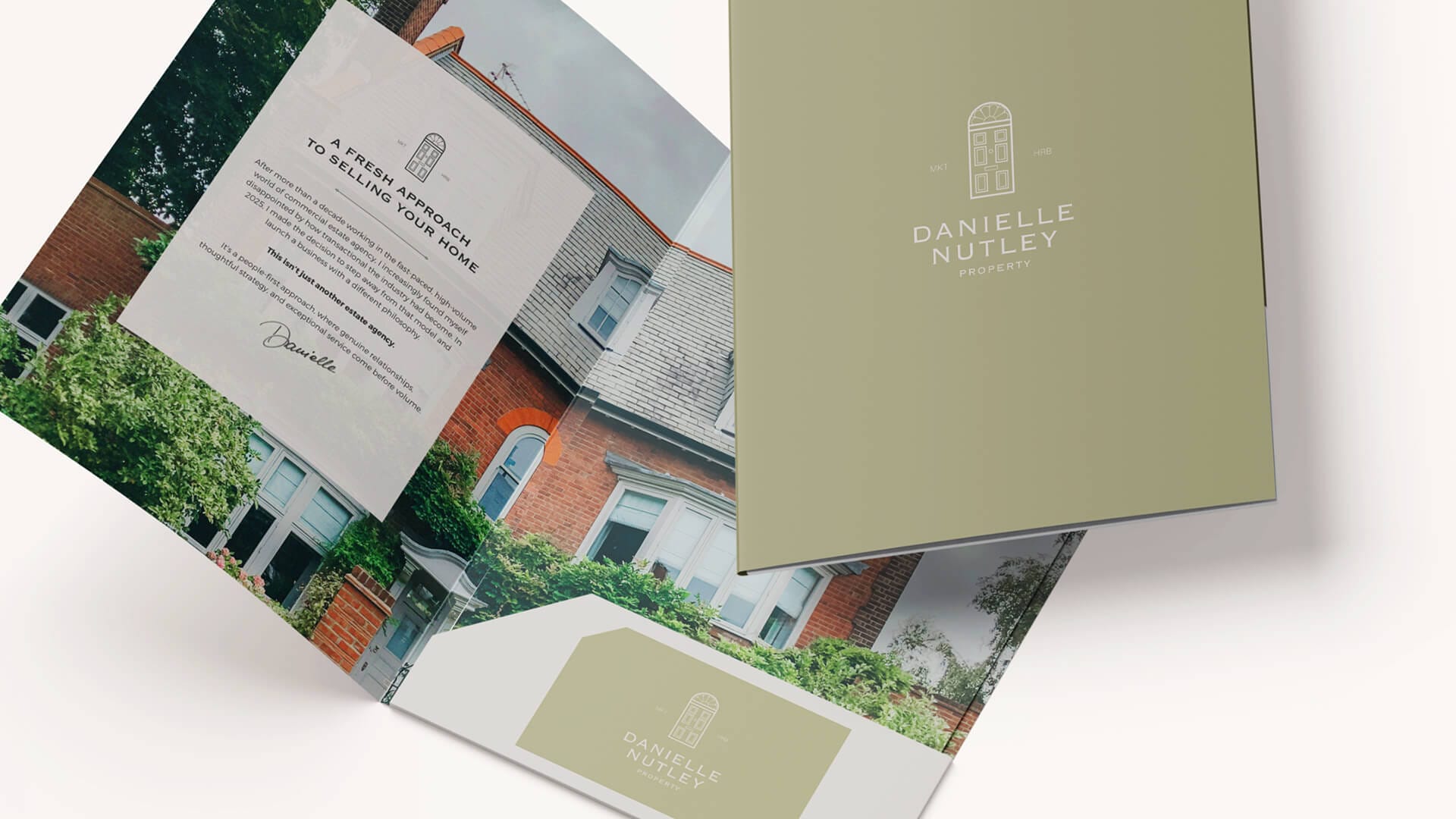 Danielle Nutley Properties brochure booklet and business card mockups with house door logo mark, brand and print design by On Poynt Creative