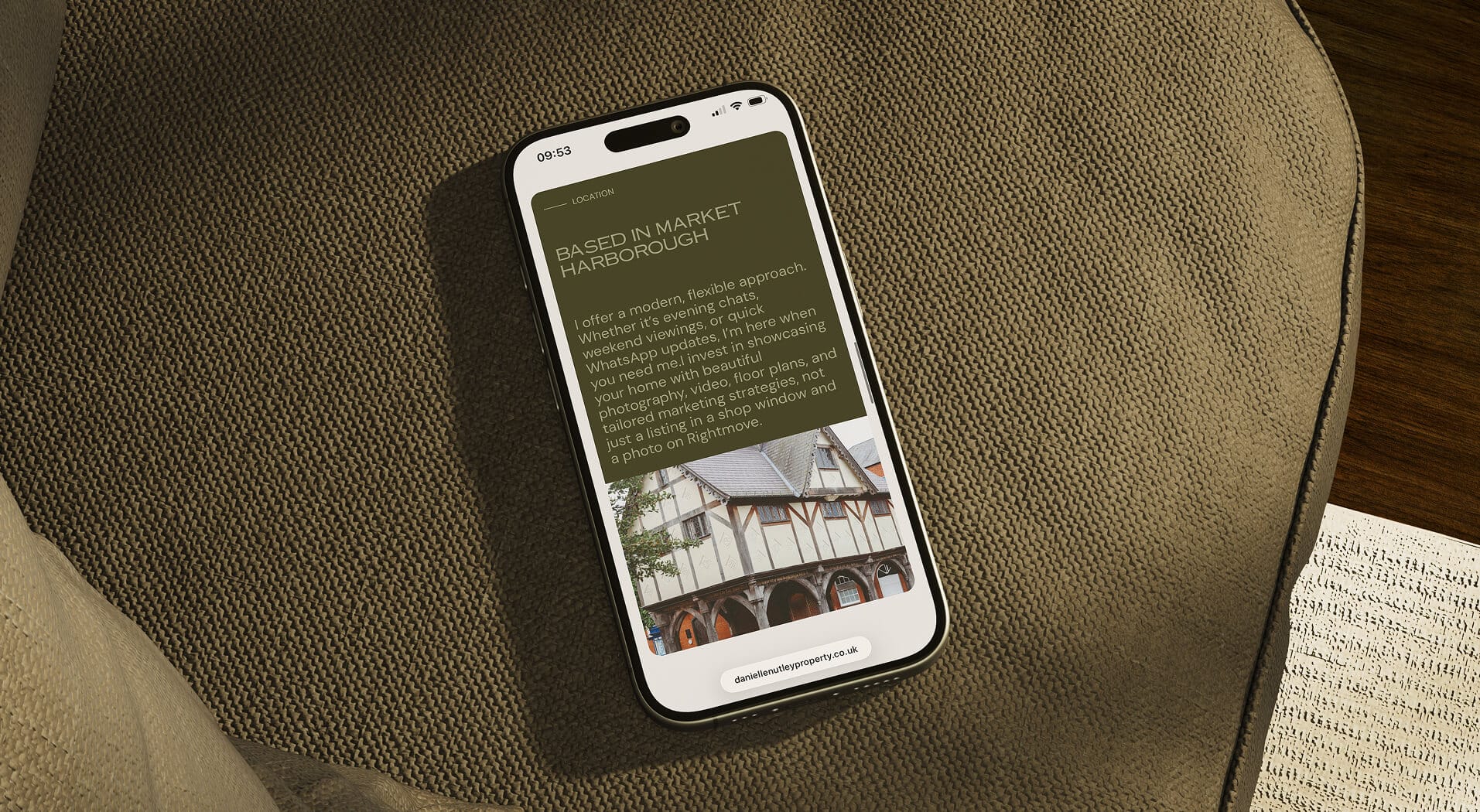 Danielle Nutley Properties estate agent phone mockup showing Based in Market Harborough website page, web design by On Poynt Creative