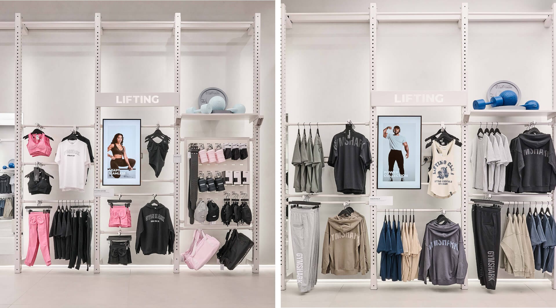 Gymshark Stratford store split image of women's and men's Lifting section apparel display walls, retail design by On Poynt Creative