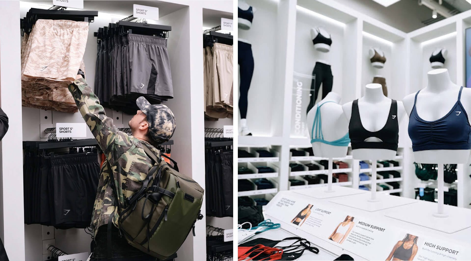 Gymshark Stratford store split image of customer browsing shorts display and sports bra support level mannequin display, retail design by On Poynt Creative