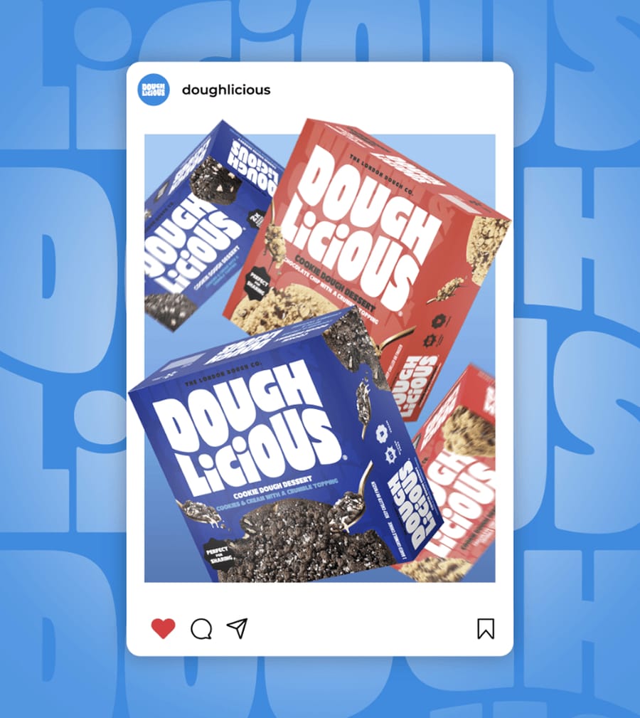 oughlicious Instagram social media post mockup showing multiple cookie dough dessert box flavours, packaging and social design by On Poynt Creative