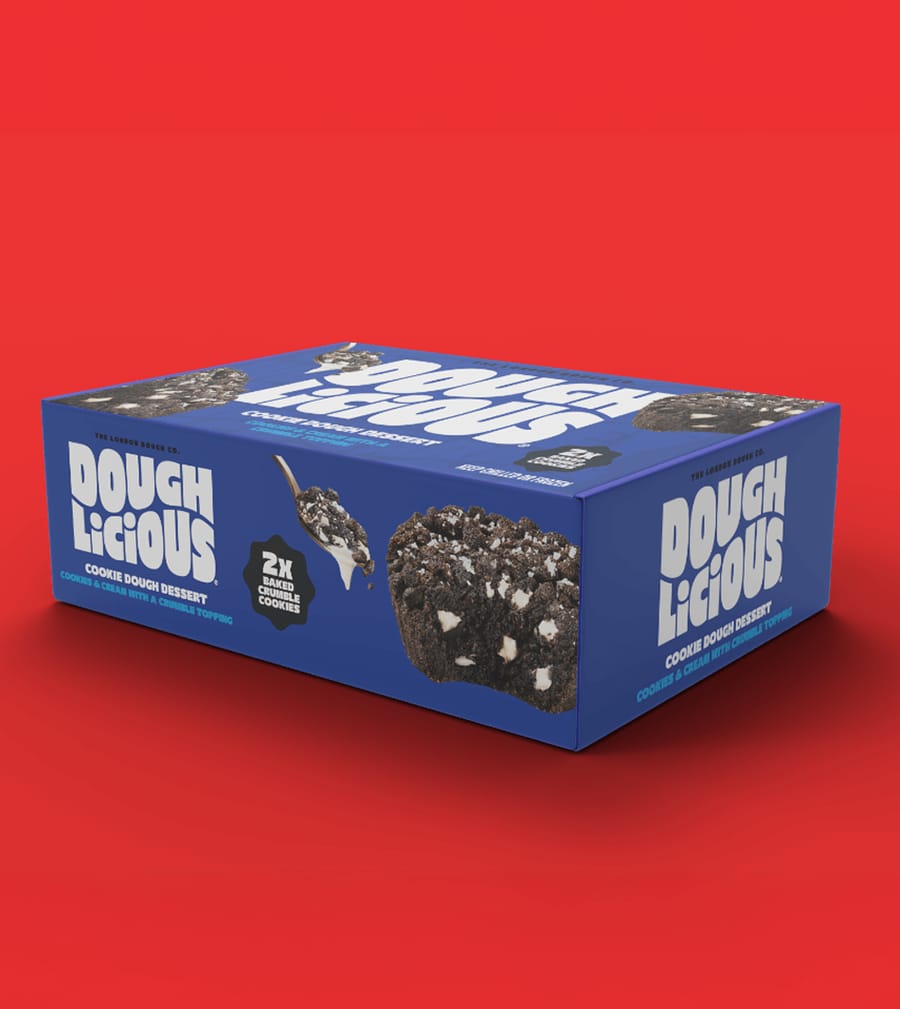 Doughlicious Cookies and Cream cookie dough dessert box packaging 3D render on red background, packaging design by On Poynt Creative