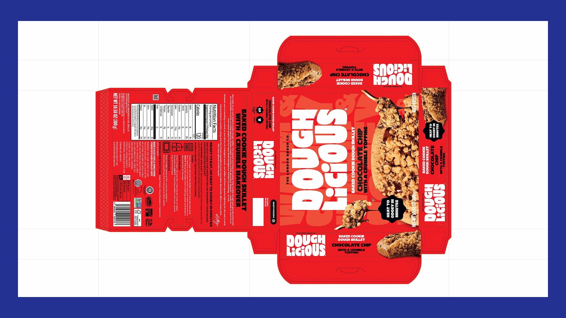 Doughlicious baked cookie dough skillet packaging dieline design with chocolate chip flavour artwork, packaging design by On Poynt Creative