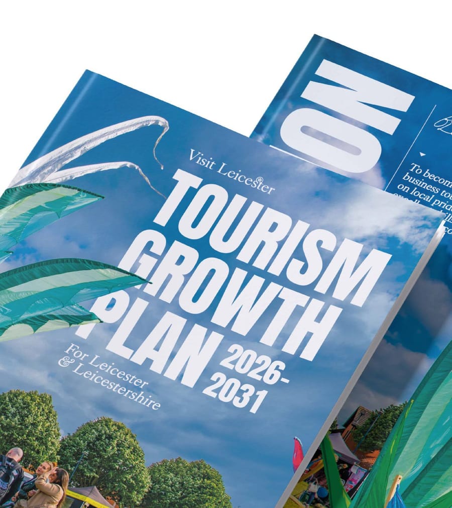 Visit Leicester Tourism Growth Plan 2026-2031 brochure front cover design, print design by On Poynt Creative