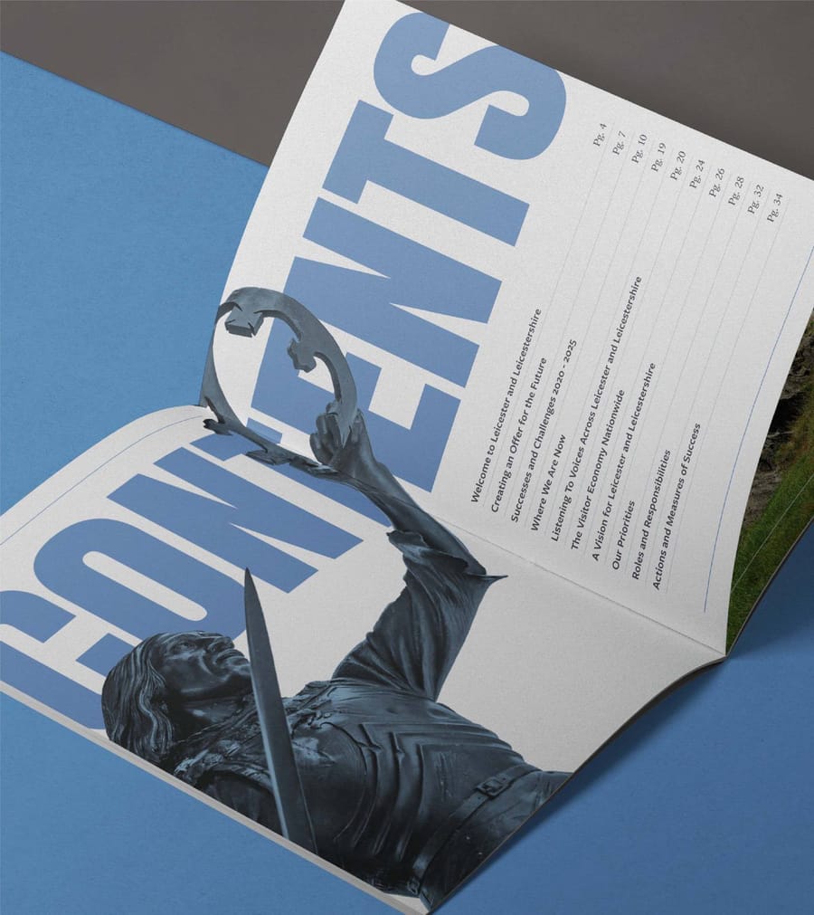 Visit Leicester tourism brochure contents page design with statue imagery, print design by On Poynt Creative