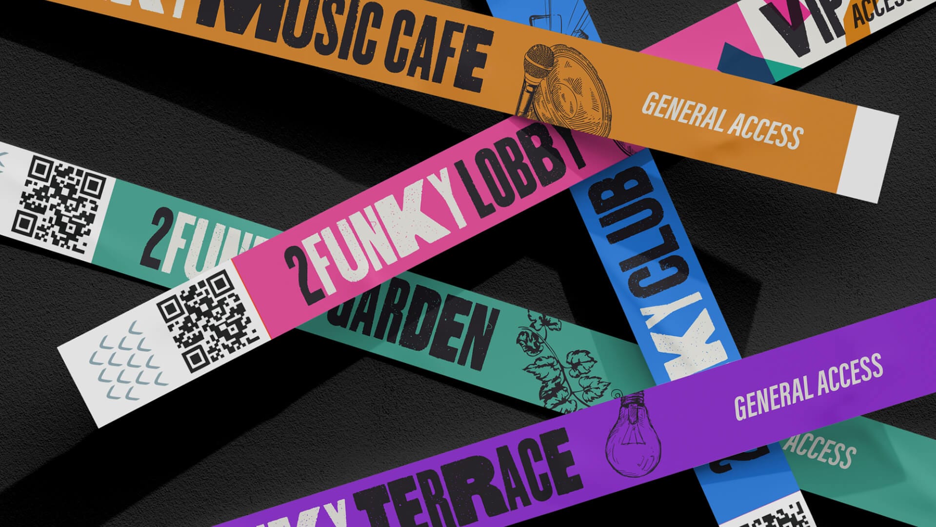 2Funky event ticket and wristband design by On Poynt Creative