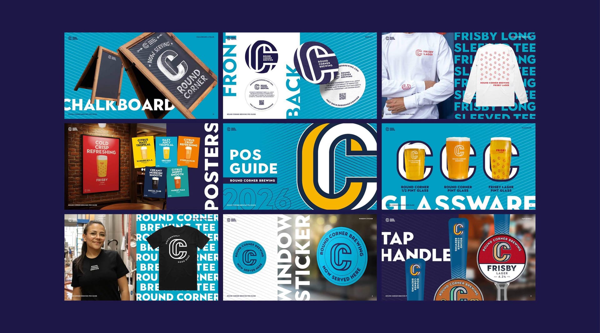 Round Corner Brewery brand asset grid including posters, glassware and tap handle design, by On Poynt Creative