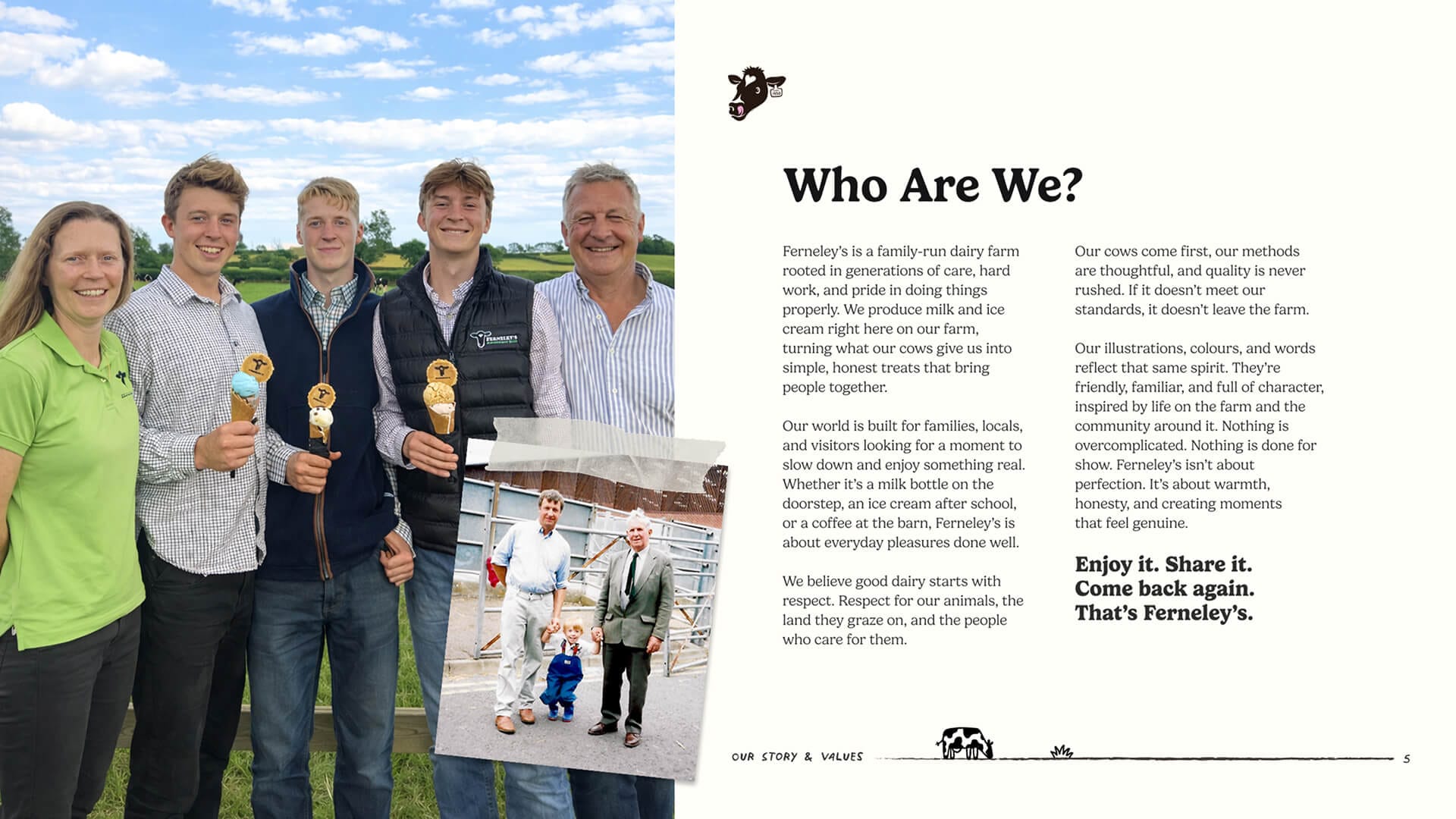 Ferneley's brand book 'Who Are We' page design featuring the family team, by On Poynt Creative
